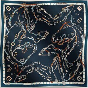 Brand New Hermes Chevaux Dechaines Shawl 140 in Marine Foncé / Blanc / Noisette